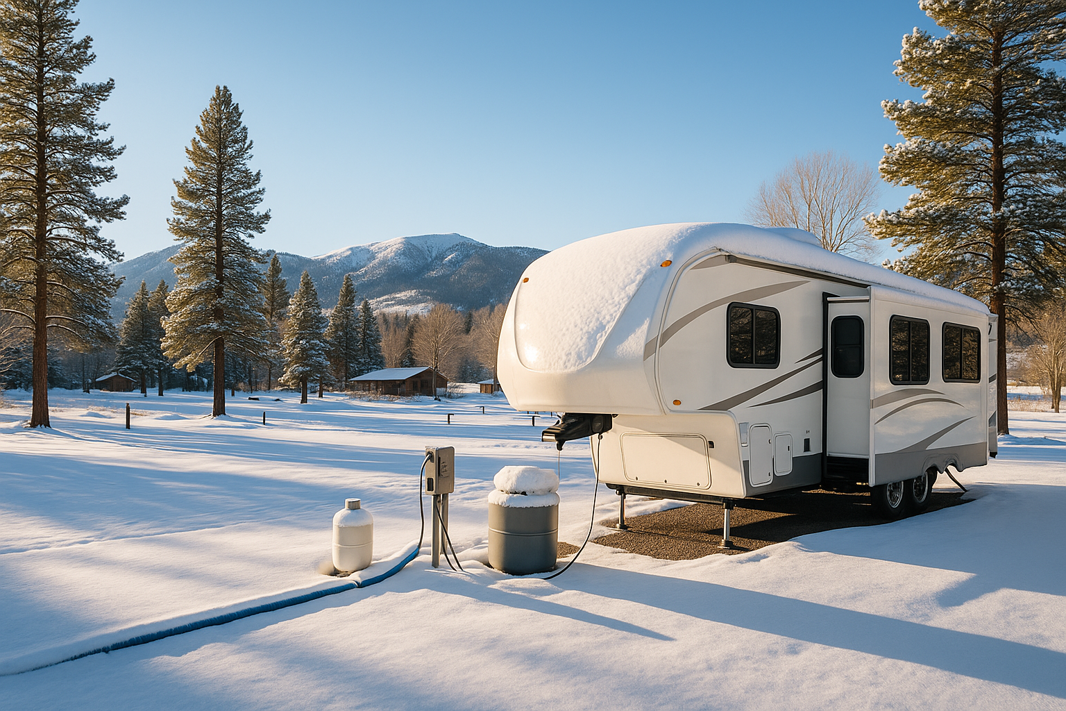 Snowy RV campsite near Casper, Wyoming with pine trees, mountains, and a winter-ready motorhome in peaceful surroundings.