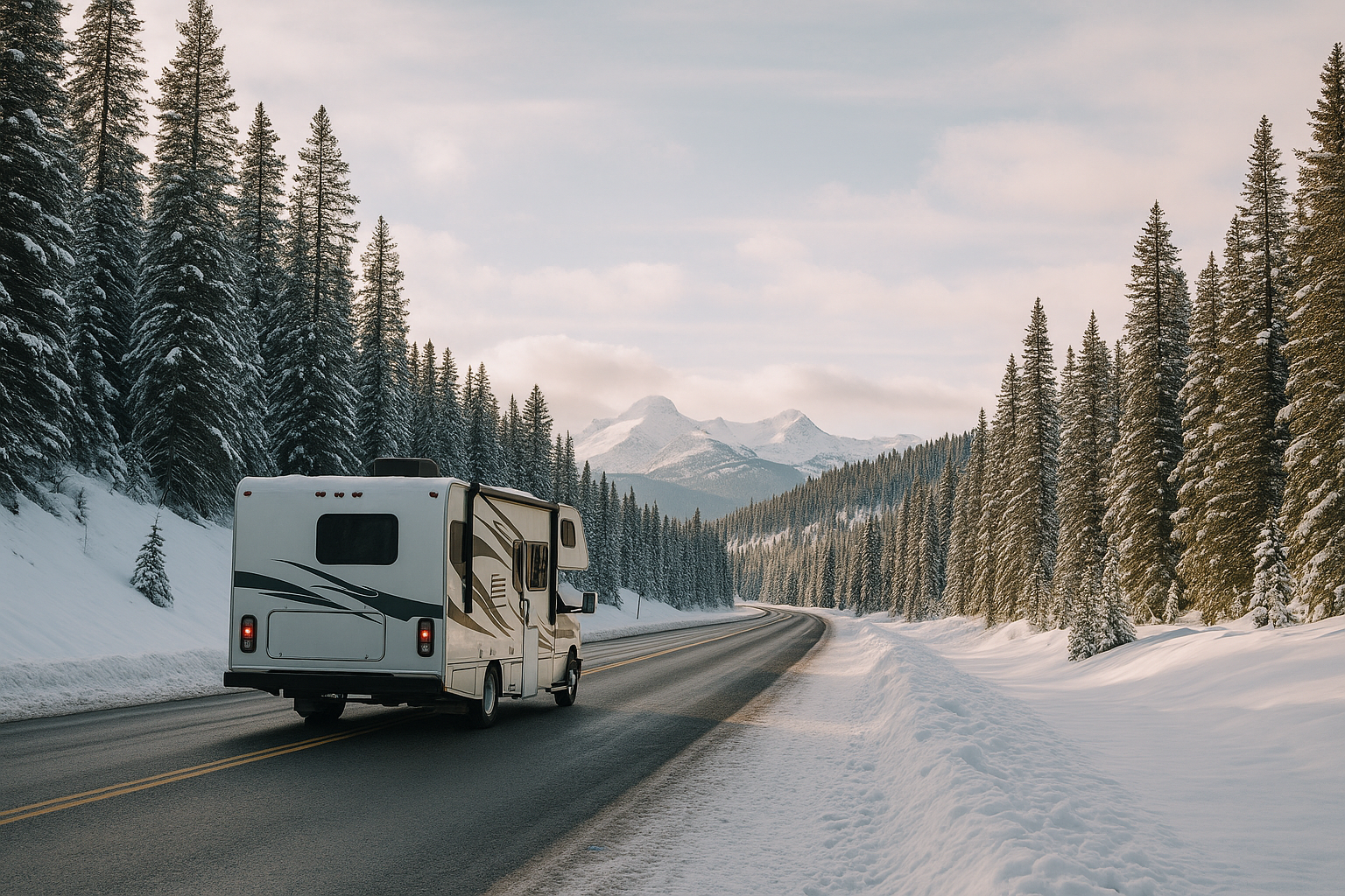 RV driving on a snow-covered mountain road in Wyoming surrounded by pine trees and winter clouds in the sky.