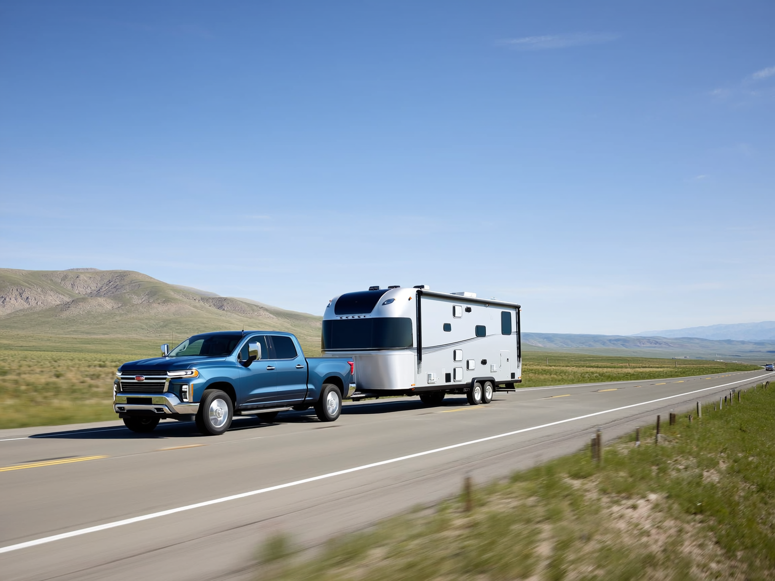 Pickup truck towing a travel trailer on an open Wyoming highway in light crosswind conditions