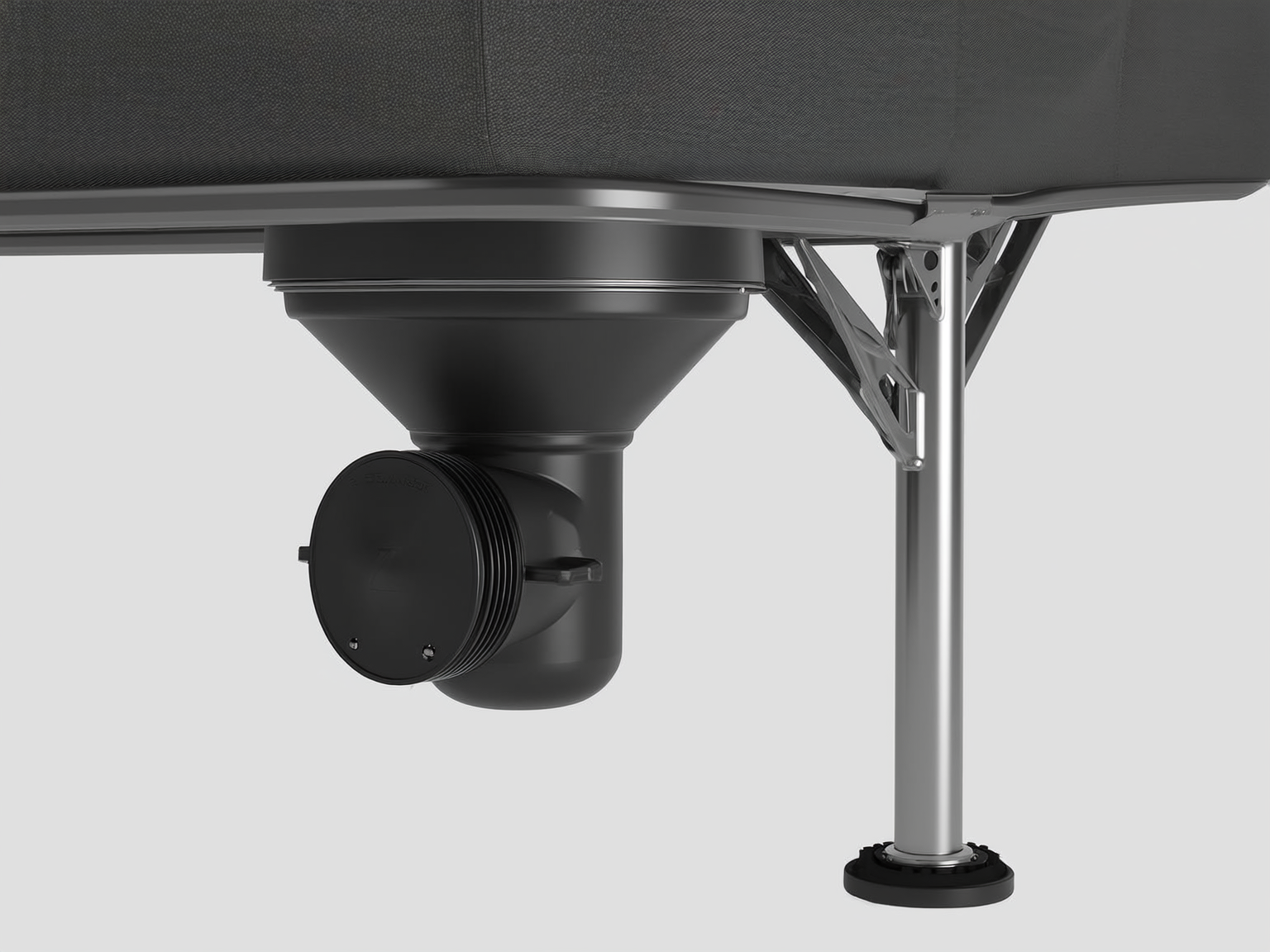 Close-up of RV sewer connection hardware and support system for long stays