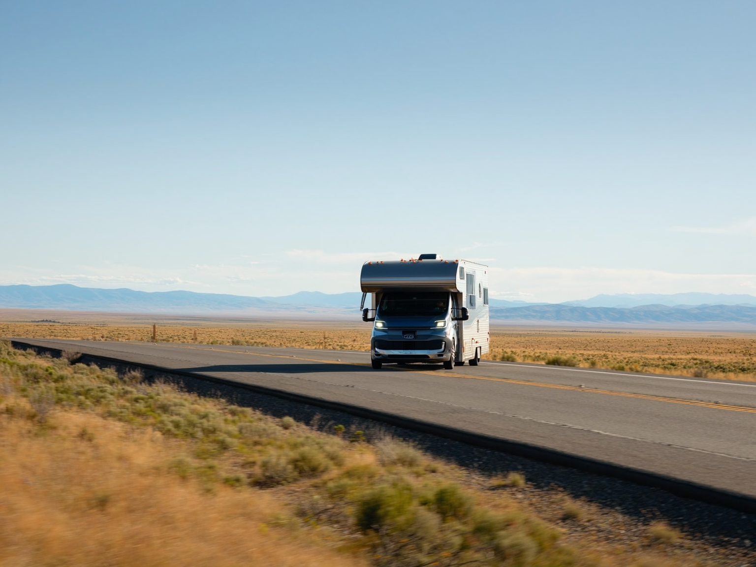 Motorhome on a scenic Wyoming highway near Casper with wide-open landscape