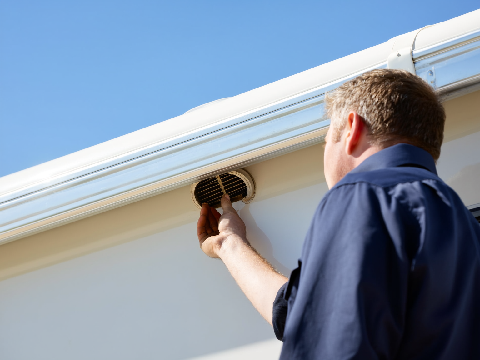RV owner inspecting roof vent and plumbing vent cap in bright Wyoming daylight