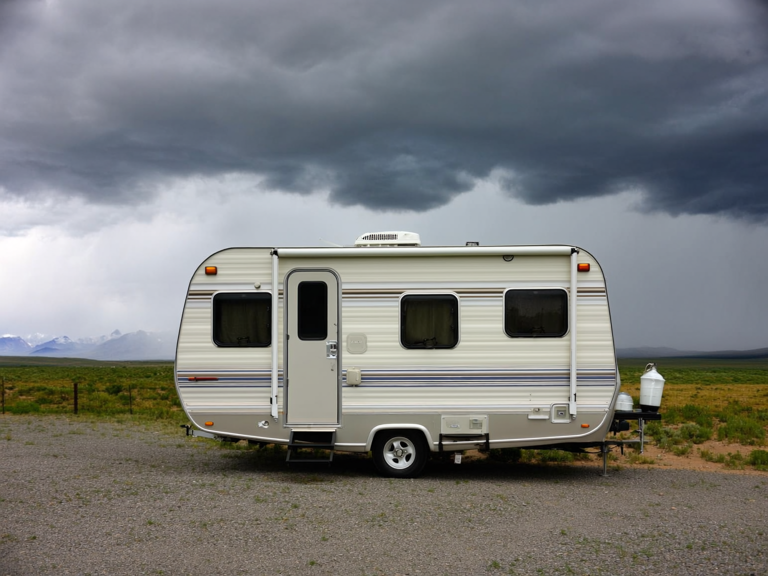 Motorhome parked in Wyoming weather after rain with focus on storm-ready exterior
