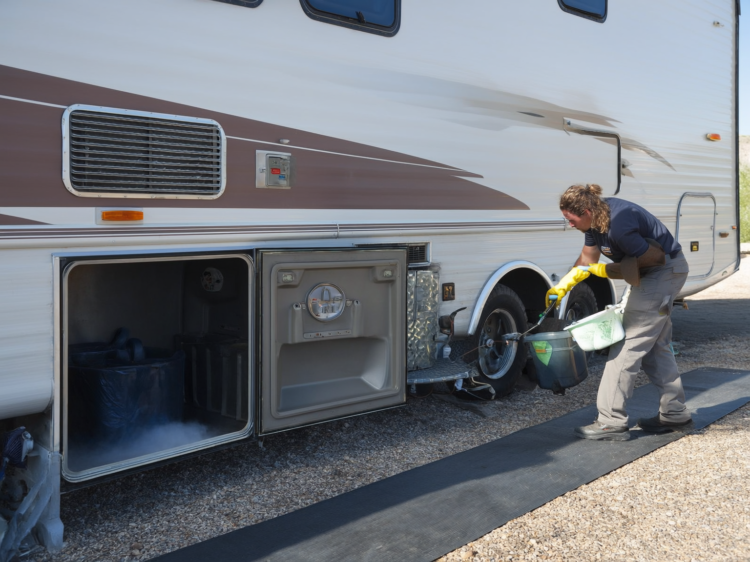 Technician cleaning RV refrigerator burner and vent area during summer maintenance