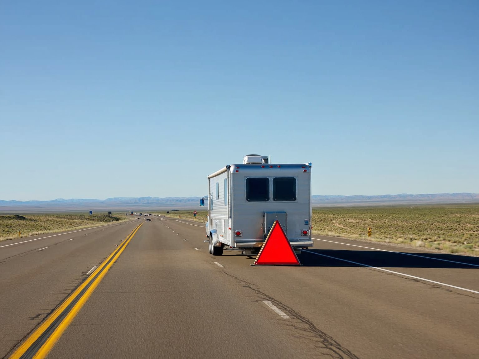 Travel trailer stopped safely on a Wyoming highway shoulder with reflective warning triangles
