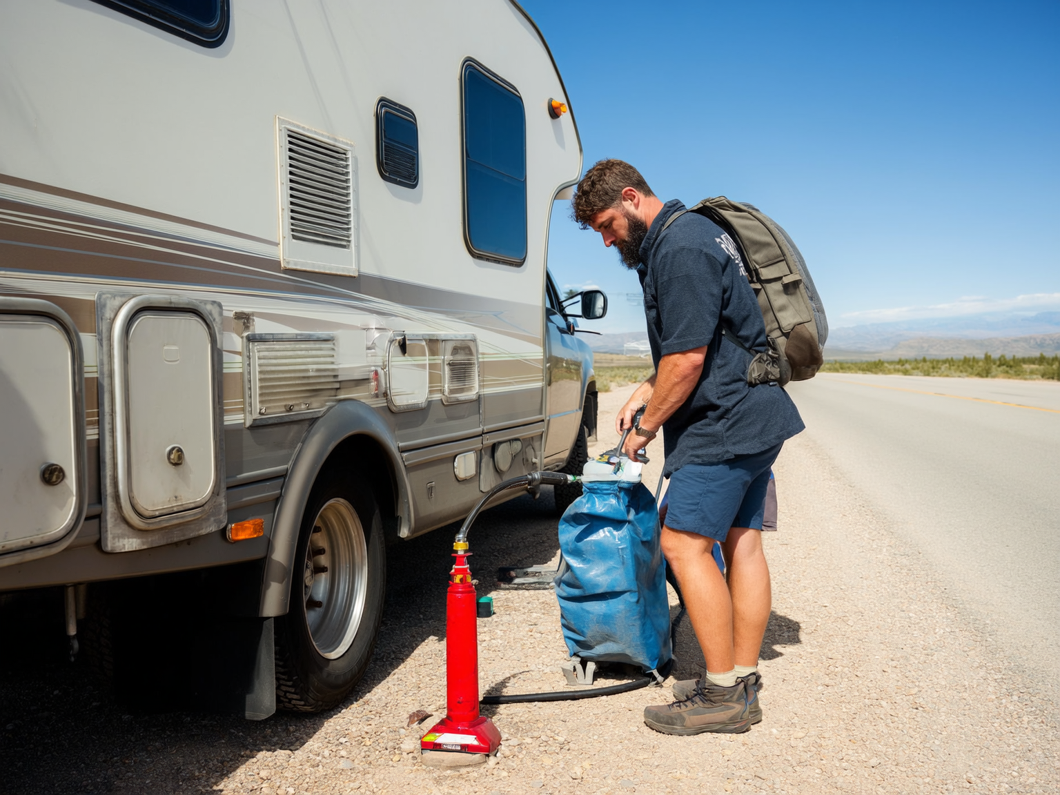 RV traveler checking tire pressure and emergency gear before a Wyoming trip