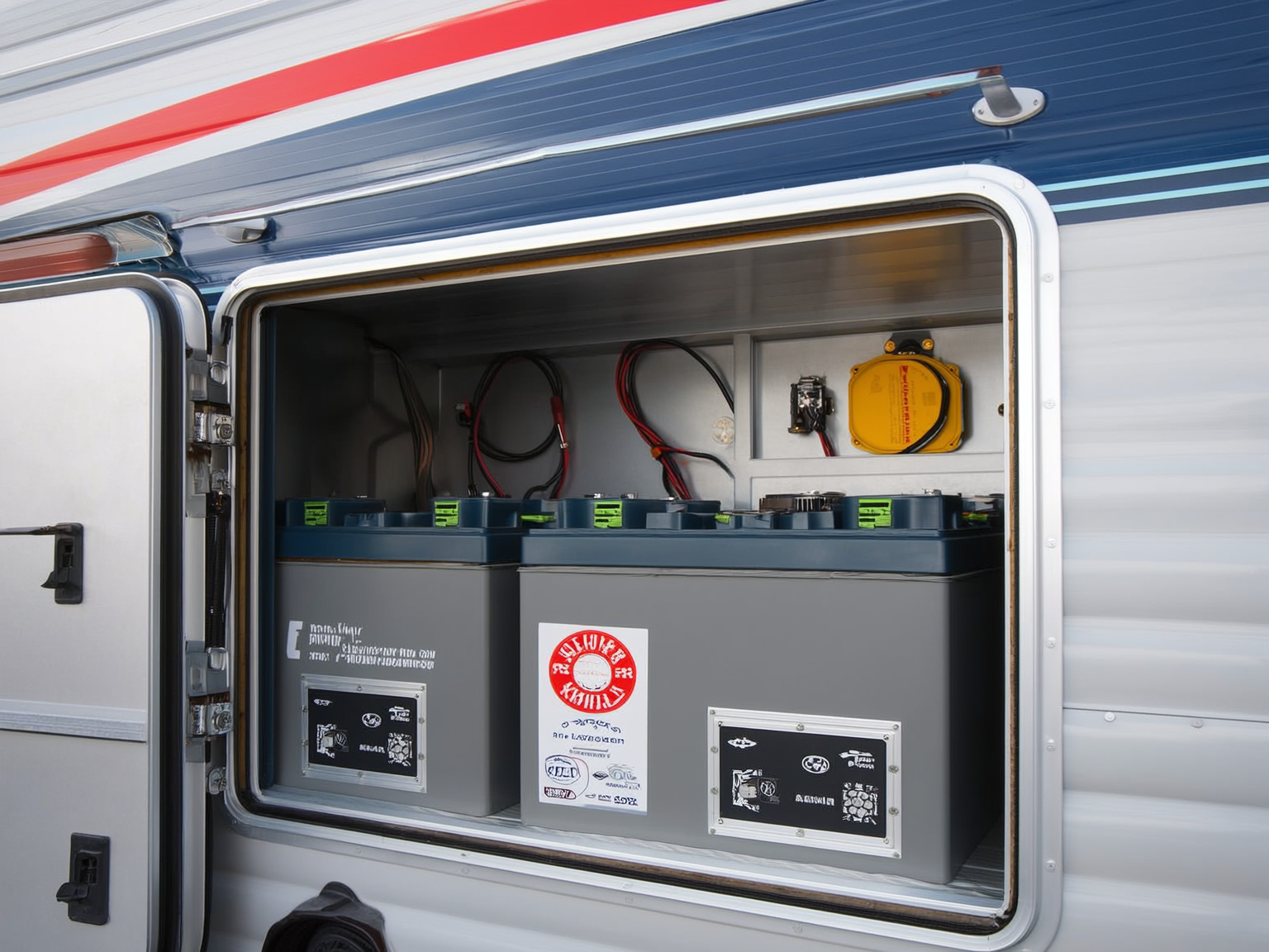 Close view of RV house batteries in a ventilated compartment during summer maintenance