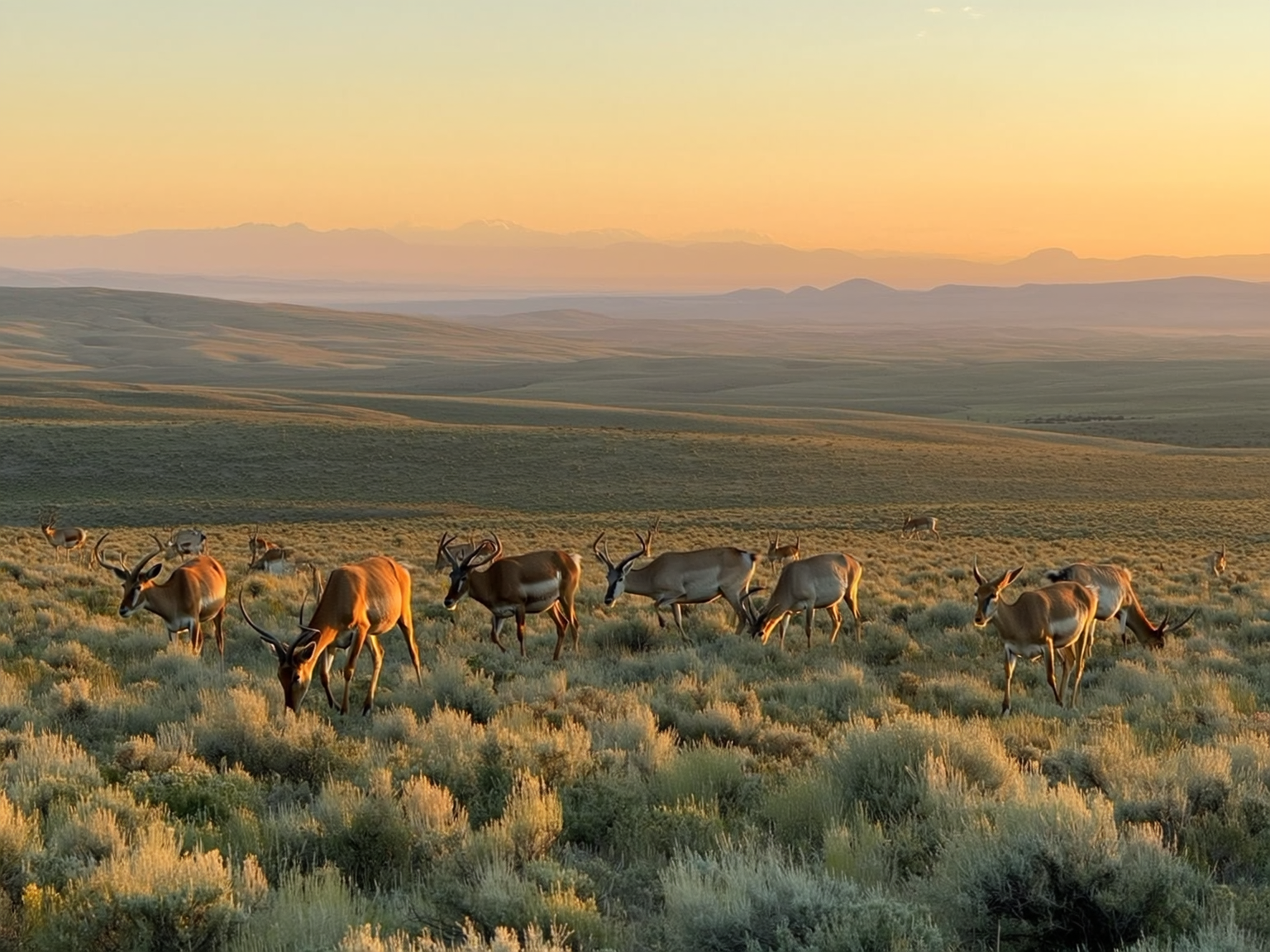 Pronghorn antelope herd grazing on Wyoming sagebrush plains at dawn near Casper
