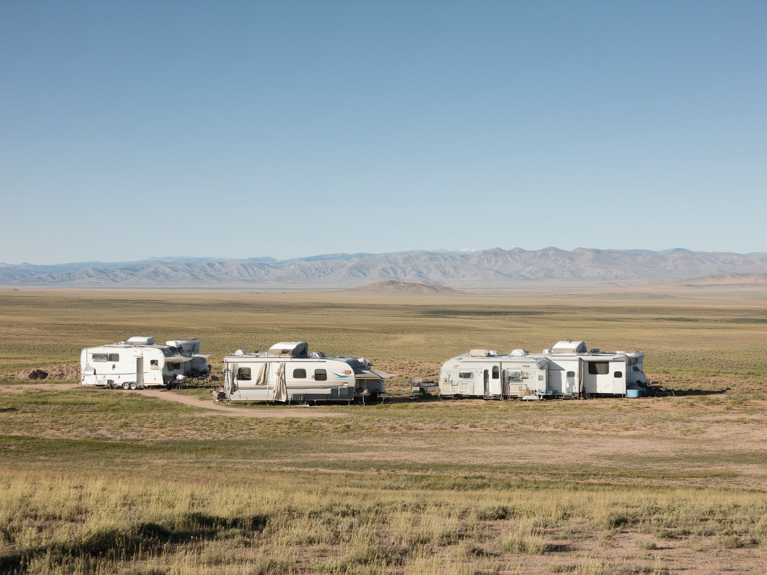 RV dispersed camping on open Wyoming public land with wide landscape views