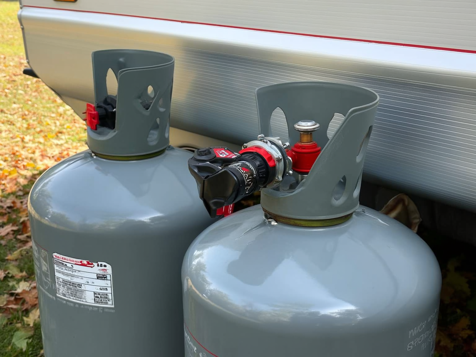 RV propane tanks and changeover regulator ready for cold Wyoming nights