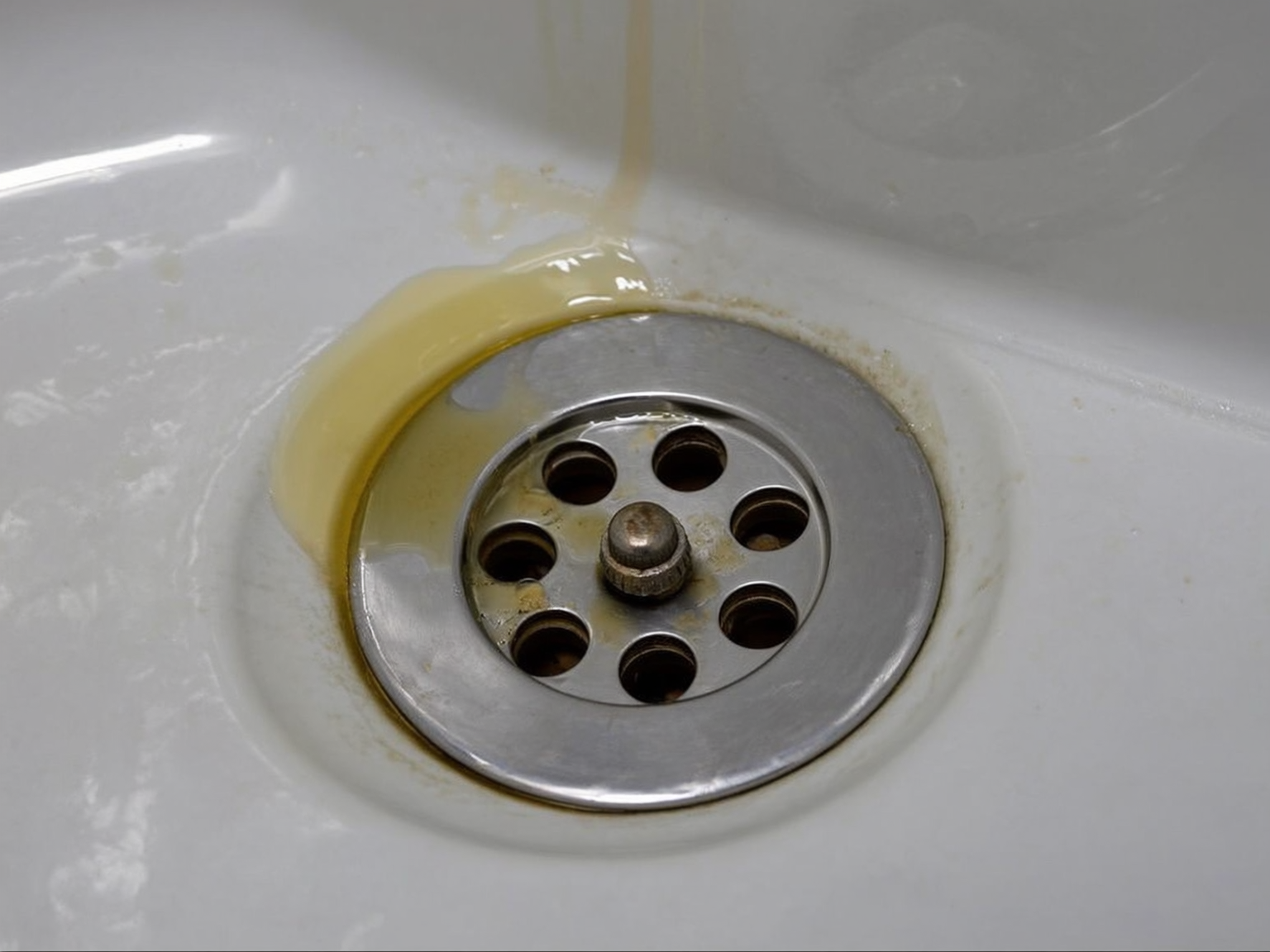 Close-up of an RV shower drain with standing water and soap residue during troubleshooting