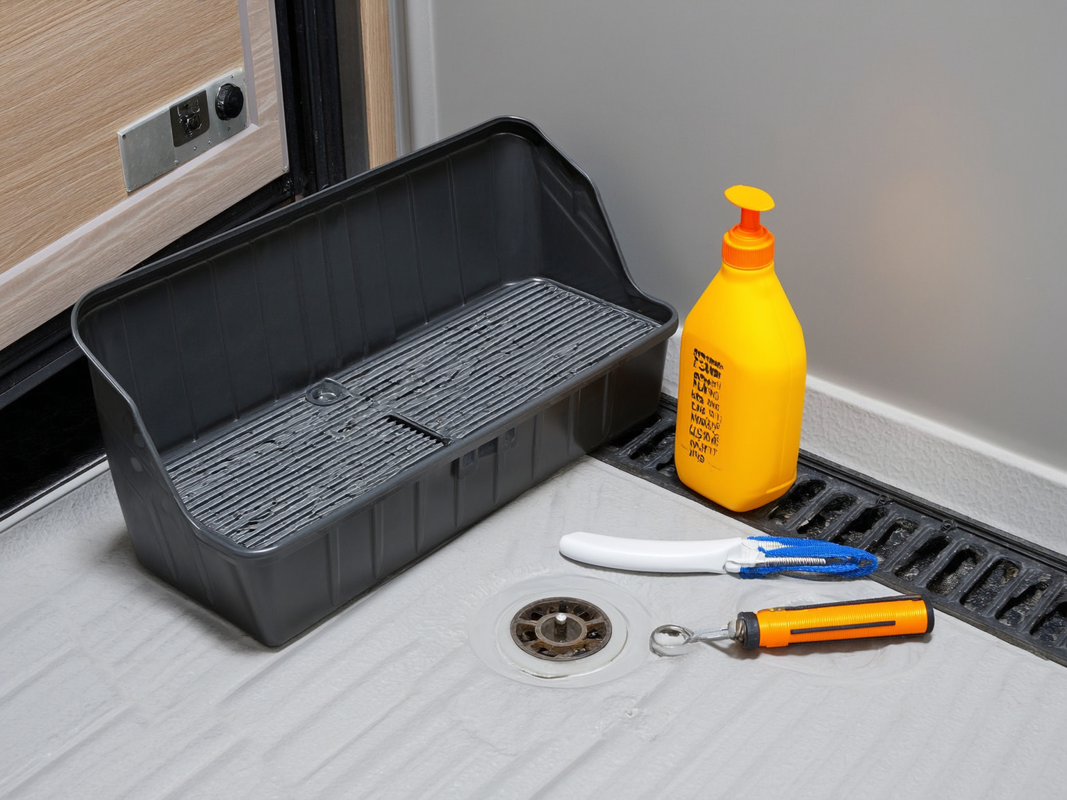 Organized RV bathroom maintenance tools beside a shower drain during a clog check