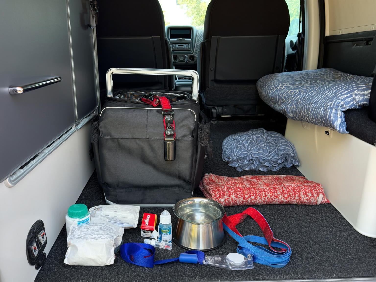 Organized pet travel supplies and medication setup inside an RV