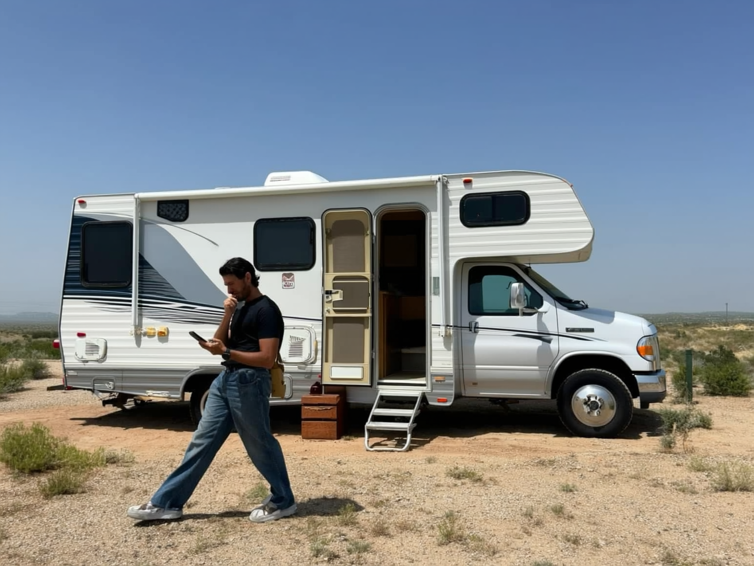 RVer checking route conditions on a phone beside a parked RV during smoky conditions