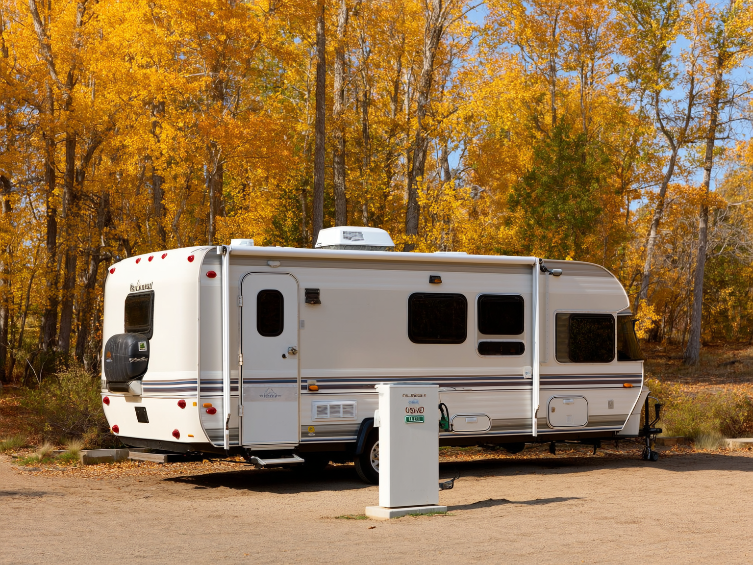A full-hookup RV site with a 50-amp power pedestal, water and sewer connections at a Casper Wyoming park, golden autumn light, no people