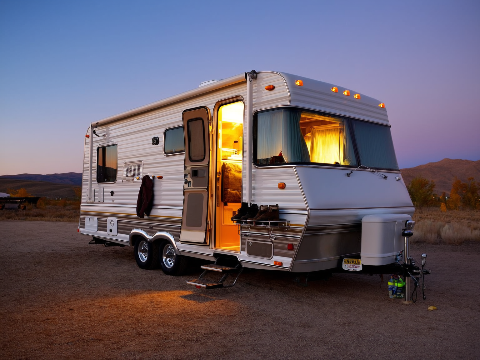 Full-hookup RV basecamp near Casper Wyoming with fishing gear drying at dusk